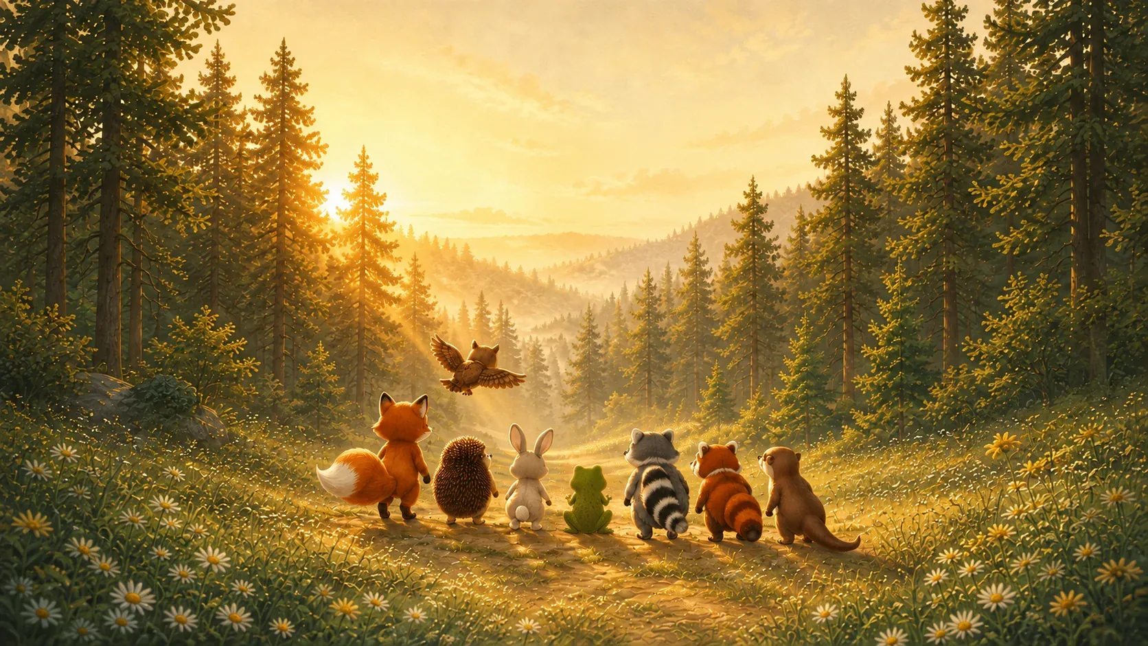 El zorro, el búho, el erizo, el conejo, la rana, el mapache, el panda rojo y la nutria emprenden juntos un camino por el bosque.
